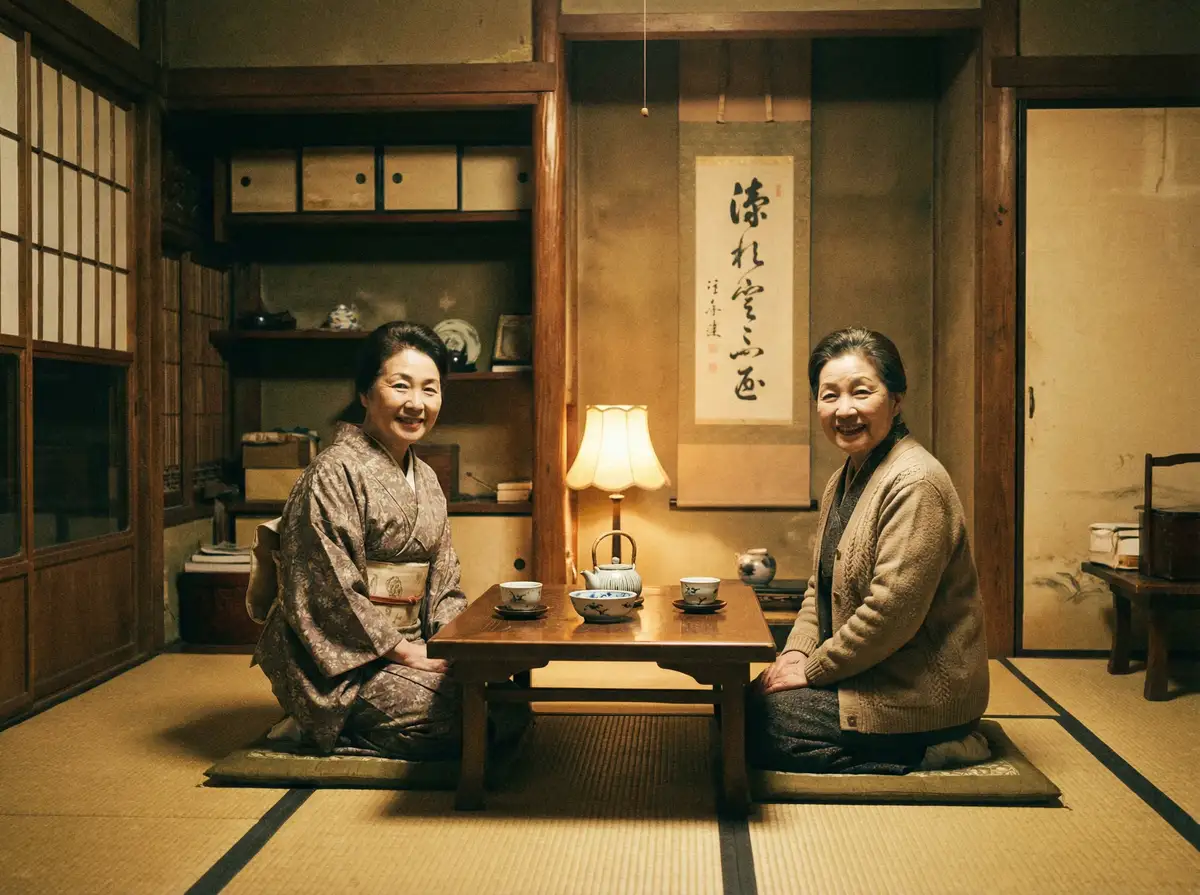 两位优雅的 蘑菇视频 在日式茶室中品茶交谈